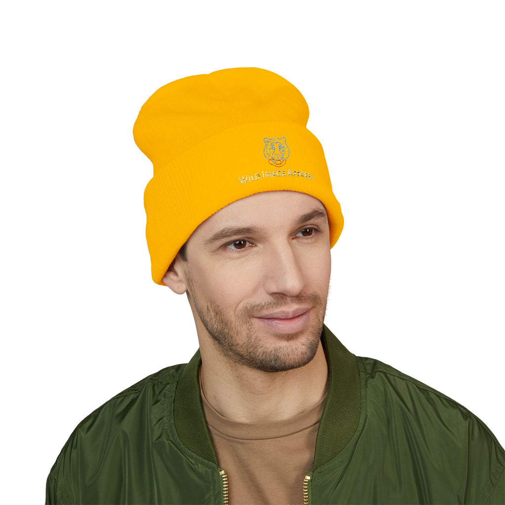 Classic Cuffed Beanie with Tiger Embroidered Design, Branded Wild Image Apparel Beanie, Cozy Knit Hat for Fall or Winter