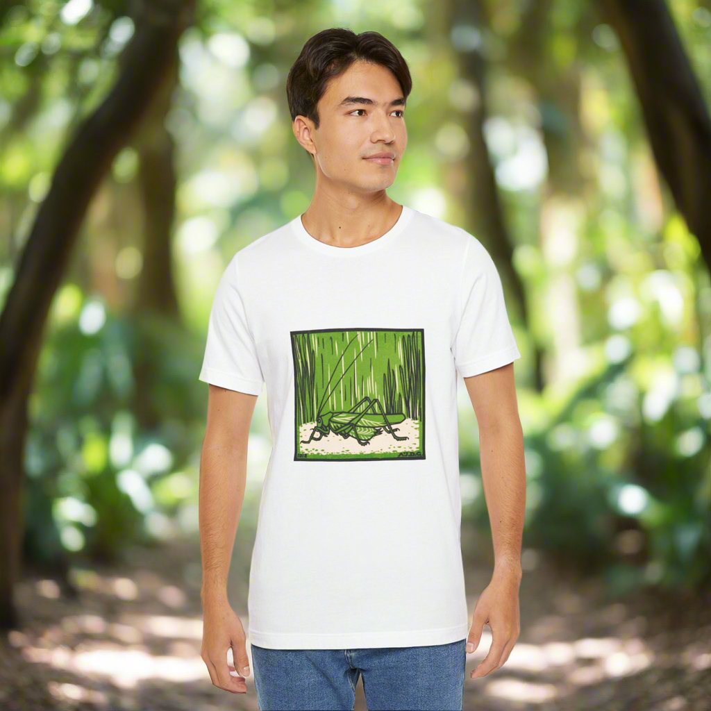 Grasshopper Graphic T-Shirt, Nature Lover Shirt, Insect Art Apparel, Julie de Graag Woodcut Design