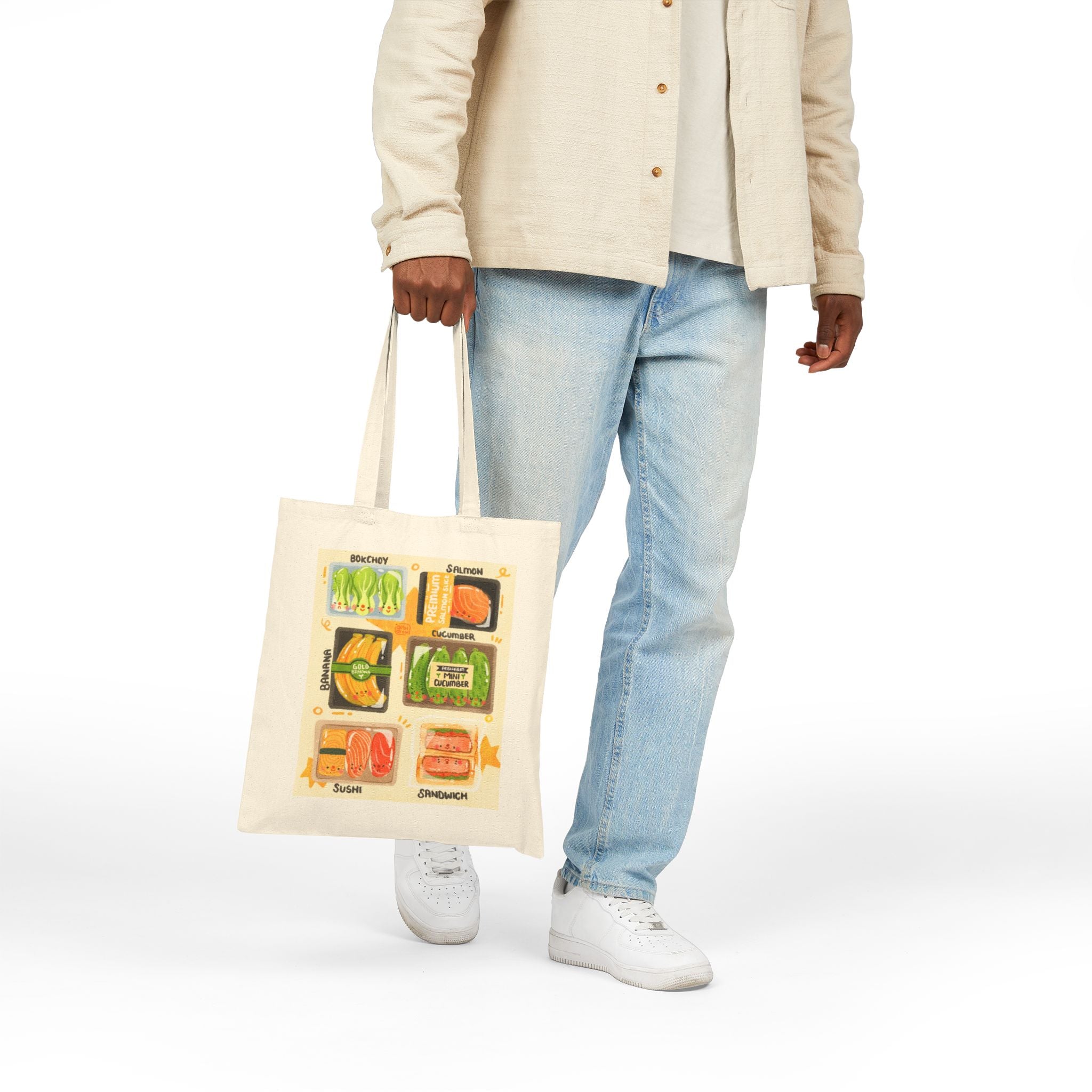Colorful Food Art Cotton Canvas Tote Bag, Creme, Eco-friendly Grocery Bag, Kitchen Lover Gift, Cute Shopping Tote, Foodie Accessory