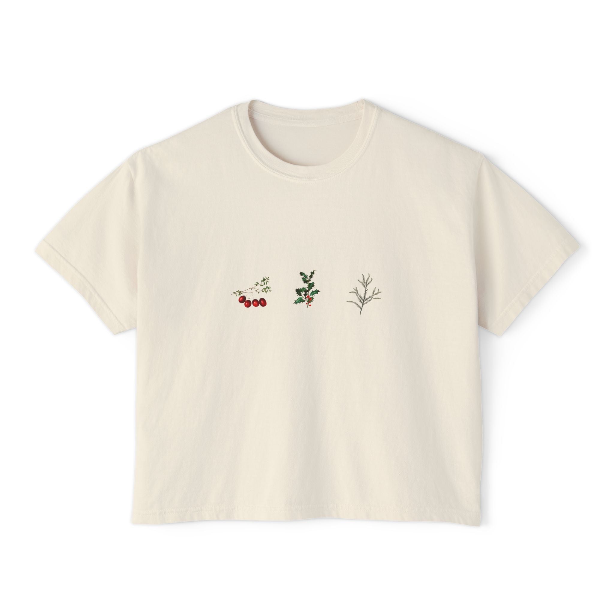 Winter Plant Illustrations, Women's Boxy Tee, Holiday Gift Shirt, Festive Top, Christmas Outfit, Cozy Casual Wear