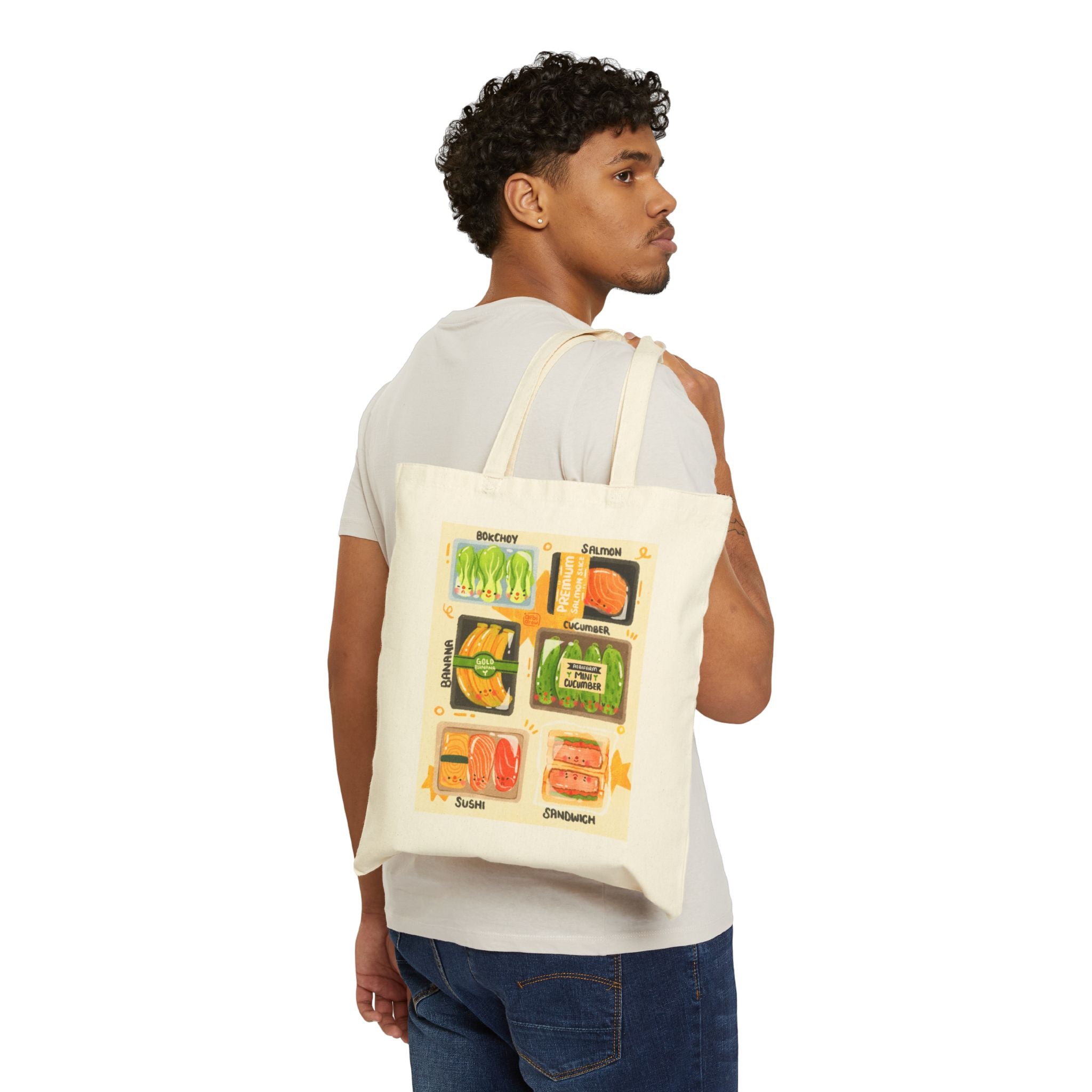 Colorful Food Art Cotton Canvas Tote Bag, Creme, Eco-friendly Grocery Bag, Kitchen Lover Gift, Cute Shopping Tote, Foodie Accessory