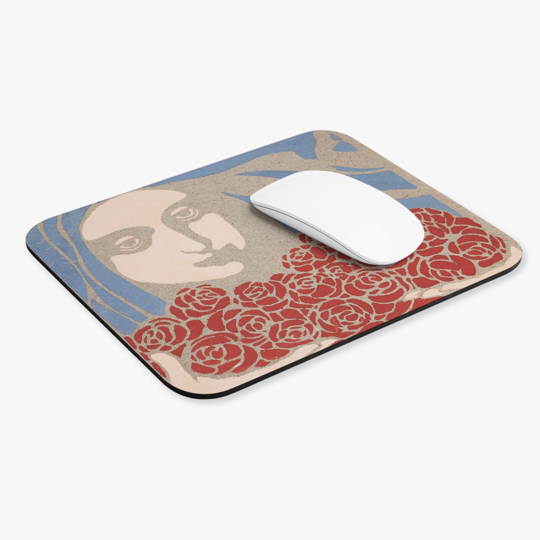 Woman with Roses Mouse Pad | Floral Portrait, Vintage Art
