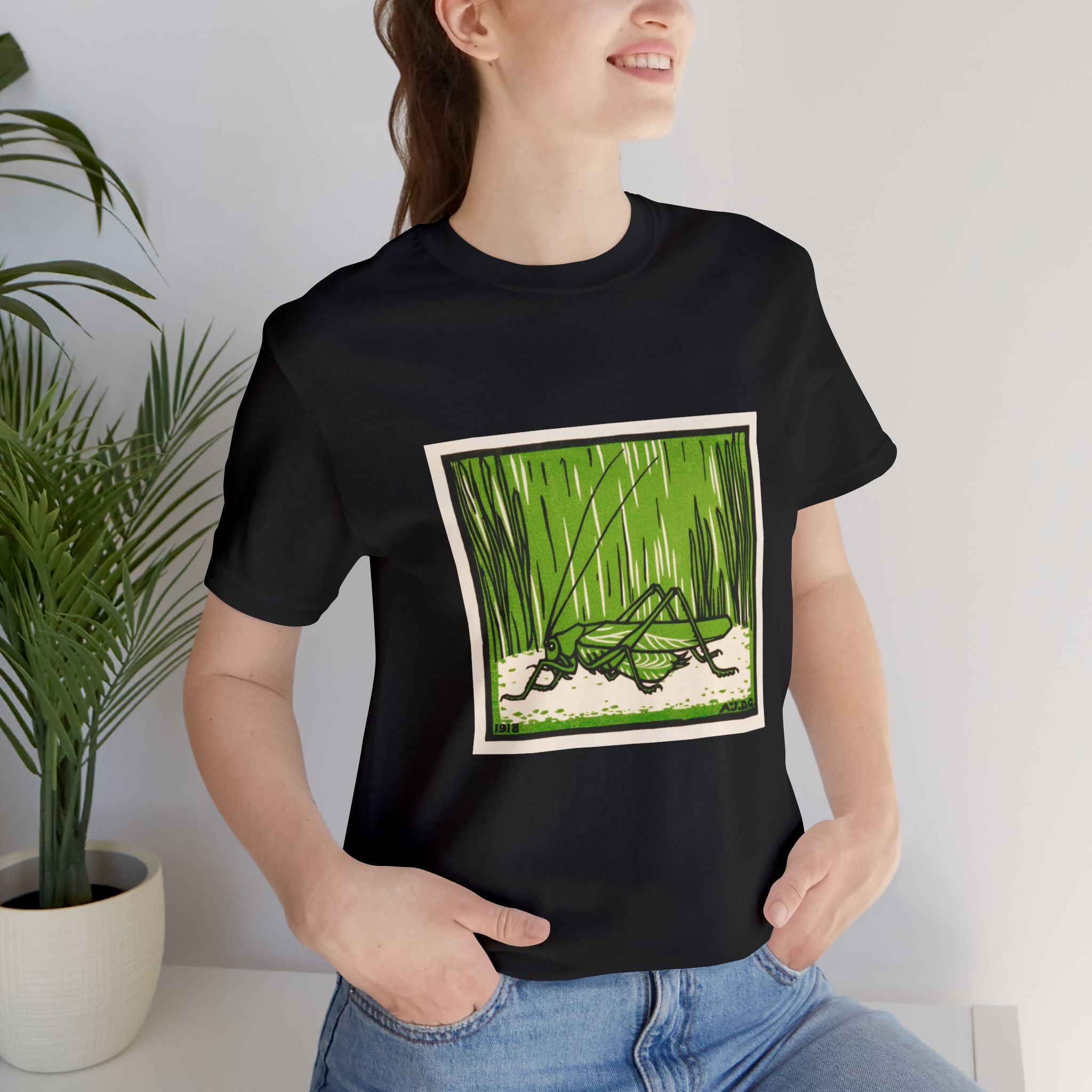 Grasshopper Graphic T-Shirt, Nature Lover Shirt, Insect Art Apparel, Julie de Graag Woodcut Design