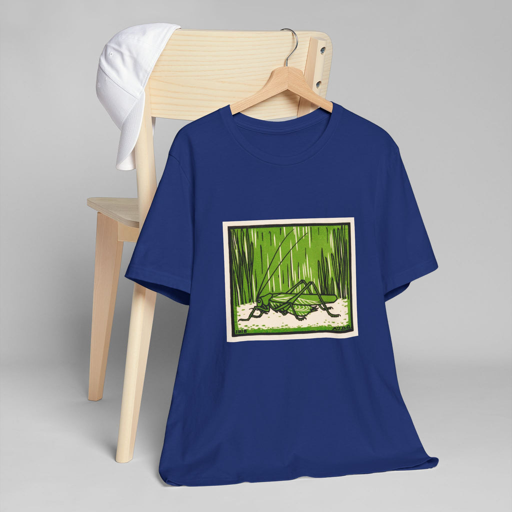 Grasshopper Graphic T-Shirt, Nature Lover Shirt, Insect Art Apparel, Julie de Graag Woodcut Design