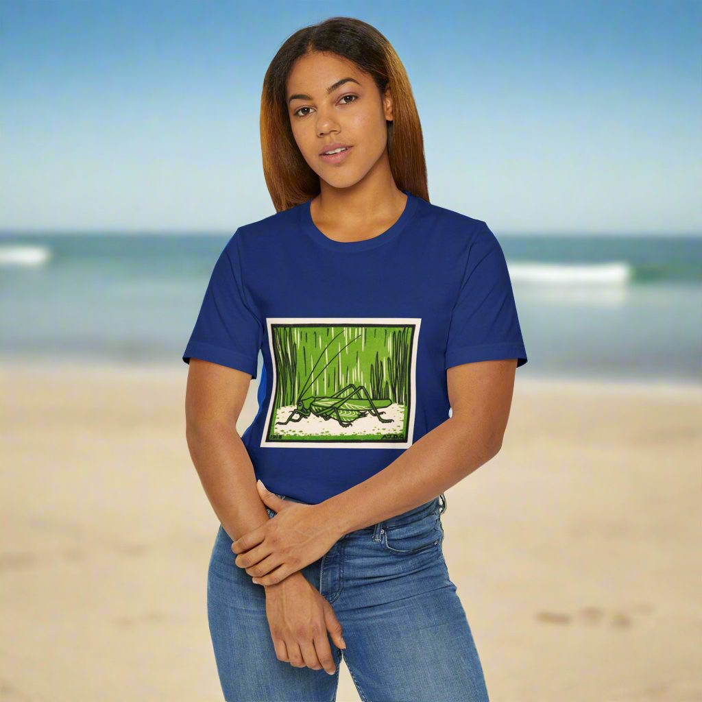 Grasshopper Graphic T-Shirt, Nature Lover Shirt, Insect Art Apparel, Julie de Graag Woodcut Design