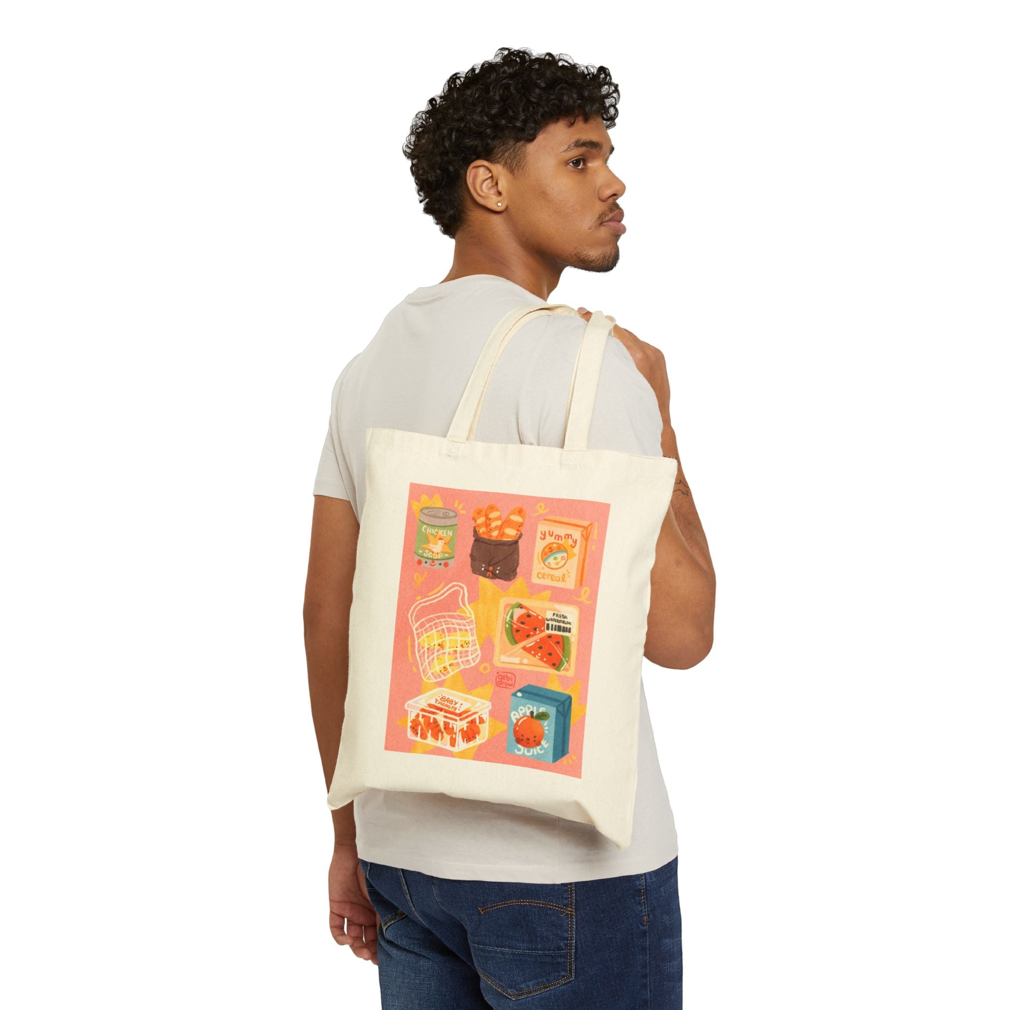 Colorful Vintage-Inspired Cotton Canvas Tote Bag, Pink, Eco-Friendly Grocery Tote, Shopping Bag, Reusable Bag, Gift for Food Lovers