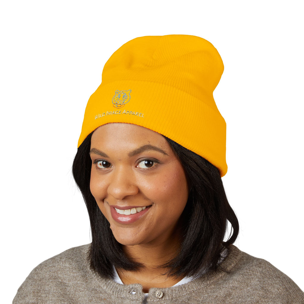 Classic Cuffed Beanie with Tiger Embroidered Design, Branded Wild Image Apparel Beanie, Cozy Knit Hat for Fall or Winter