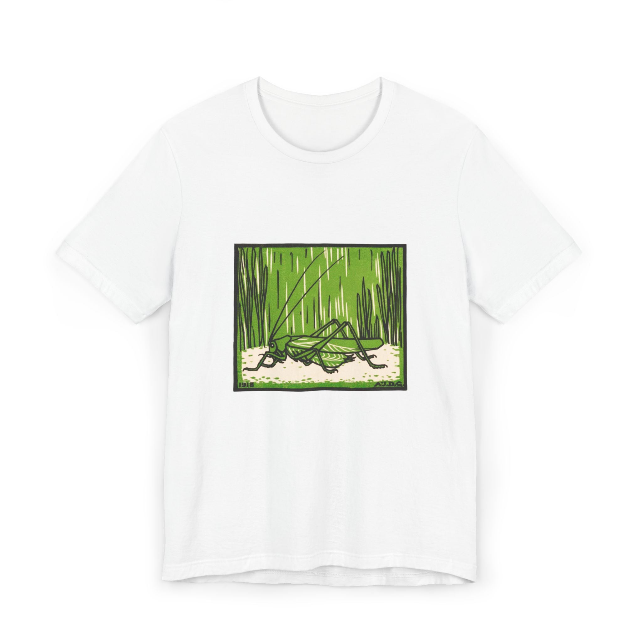 Grasshopper Graphic T-Shirt, Nature Lover Shirt, Insect Art Apparel, Julie de Graag Woodcut Design