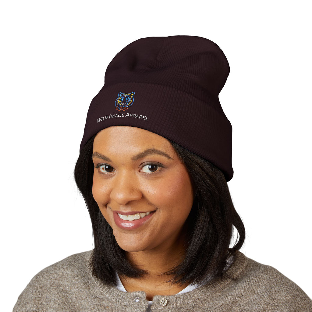 Classic Cuffed Beanie with Tiger Embroidered Design, Branded Wild Image Apparel Beanie, Cozy Knit Hat for Fall or Winter