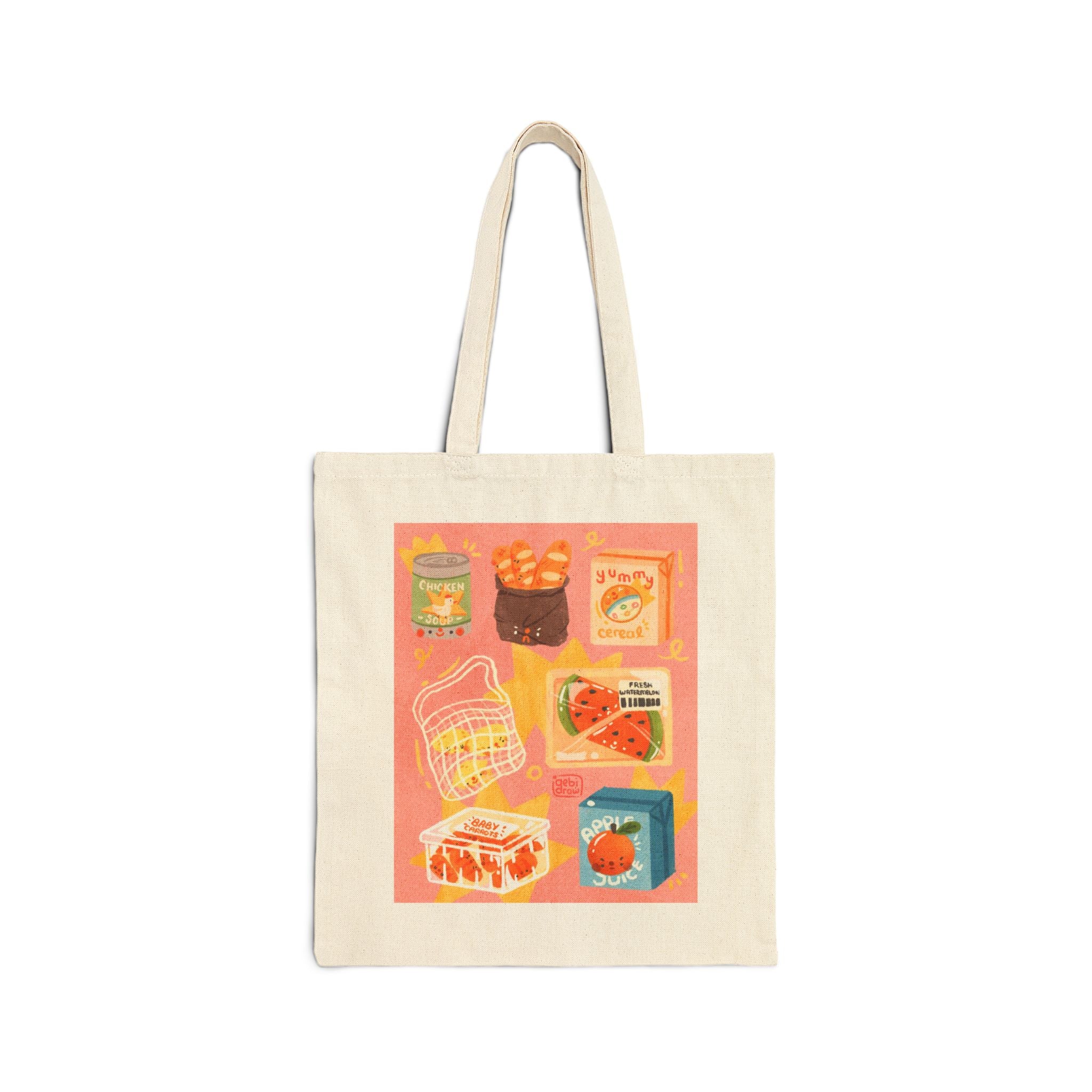 Colorful Vintage-Inspired Cotton Canvas Tote Bag, Pink, Eco-Friendly Grocery Tote, Shopping Bag, Reusable Bag, Gift for Food Lovers