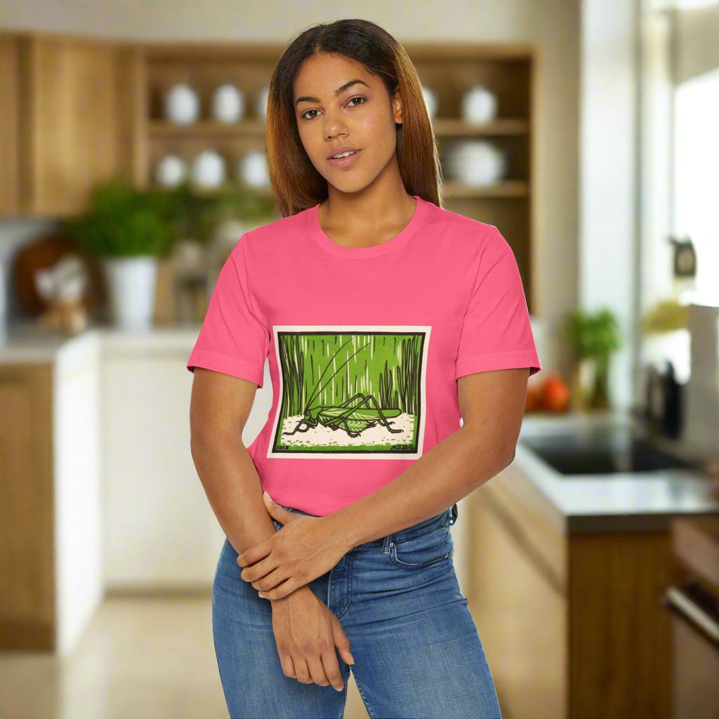Grasshopper Graphic T-Shirt, Nature Lover Shirt, Insect Art Apparel, Julie de Graag Woodcut Design