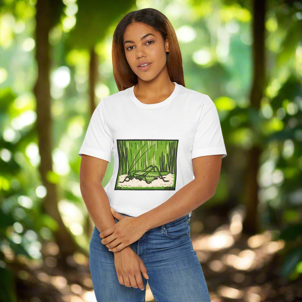 Grasshopper Graphic T-Shirt, Nature Lover Shirt, Insect Art Apparel, Julie de Graag Woodcut Design