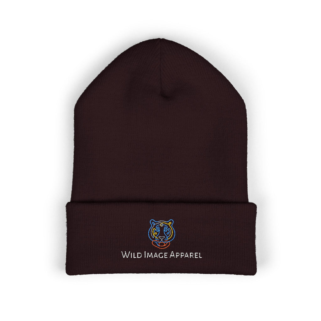 Classic Cuffed Beanie with Tiger Embroidered Design, Branded Wild Image Apparel Beanie, Cozy Knit Hat for Fall or Winter
