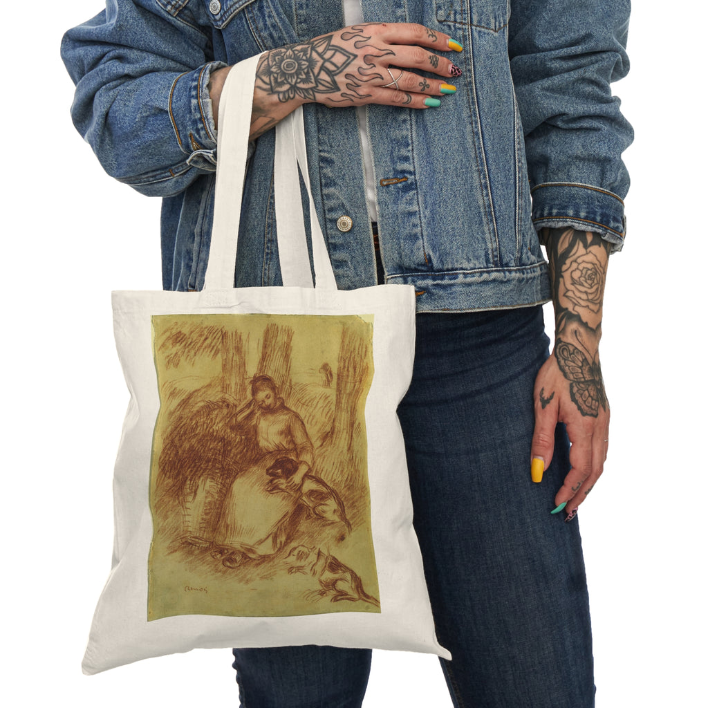 Natural Tote Bag with Renoir Girl and Dog Artistic Print,  Art Lovers, Gift for Her, Reusable Grocery Bag, Eco-Friendly