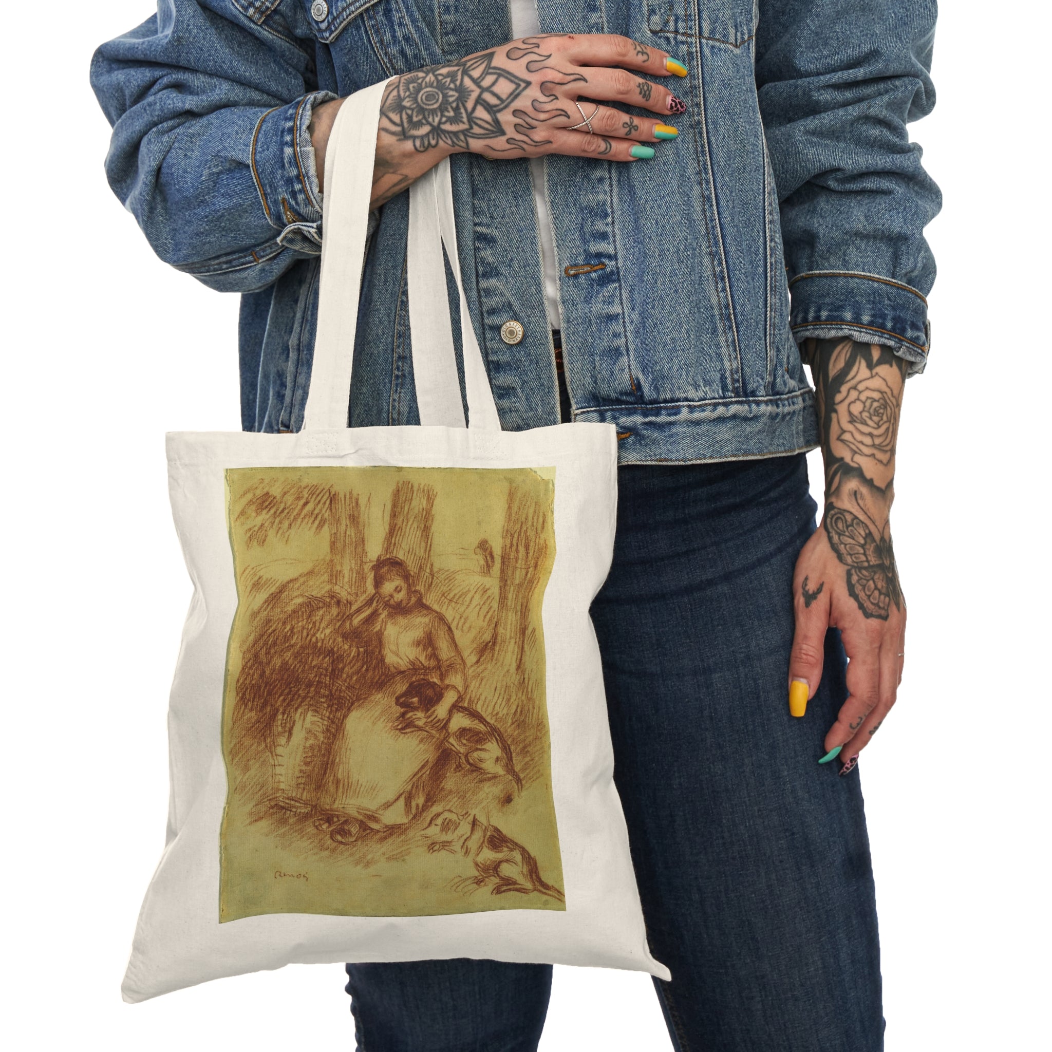 Natural Tote Bag with Renoir Girl and Dog Artistic Print,  Art Lovers, Gift for Her, Reusable Grocery Bag, Eco-Friendly