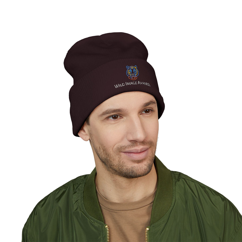 Classic Cuffed Beanie with Tiger Embroidered Design, Branded Wild Image Apparel Beanie, Cozy Knit Hat for Fall or Winter
