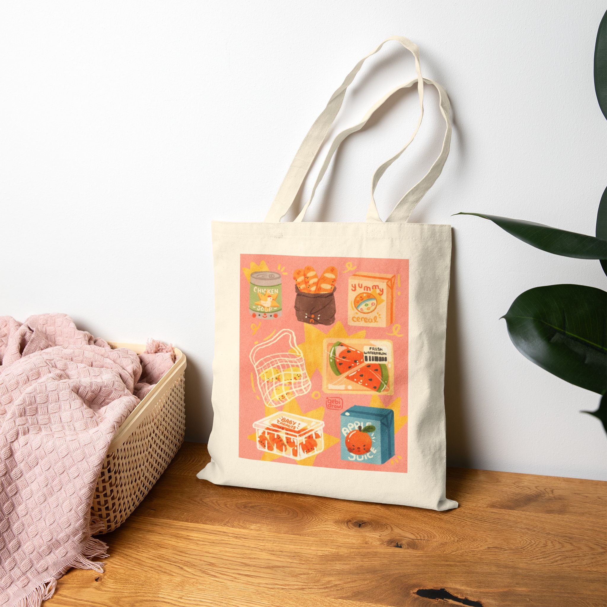 Colorful Vintage-Inspired Cotton Canvas Tote Bag, Pink, Eco-Friendly Grocery Tote, Shopping Bag, Reusable Bag, Gift for Food Lovers