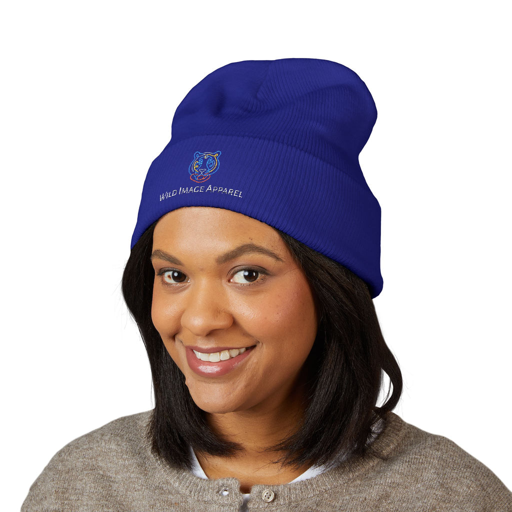 Classic Cuffed Beanie with Tiger Embroidered Design, Branded Wild Image Apparel Beanie, Cozy Knit Hat for Fall or Winter