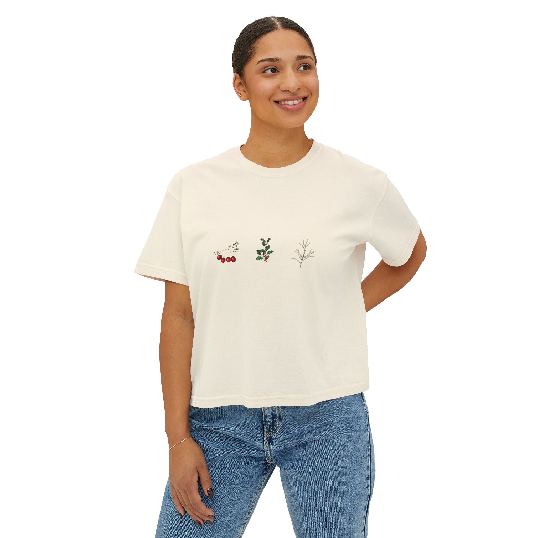 Winter Plant Illustrations, Women's Boxy Tee, Holiday Gift Shirt, Festive Top, Christmas Outfit, Cozy Casual Wear