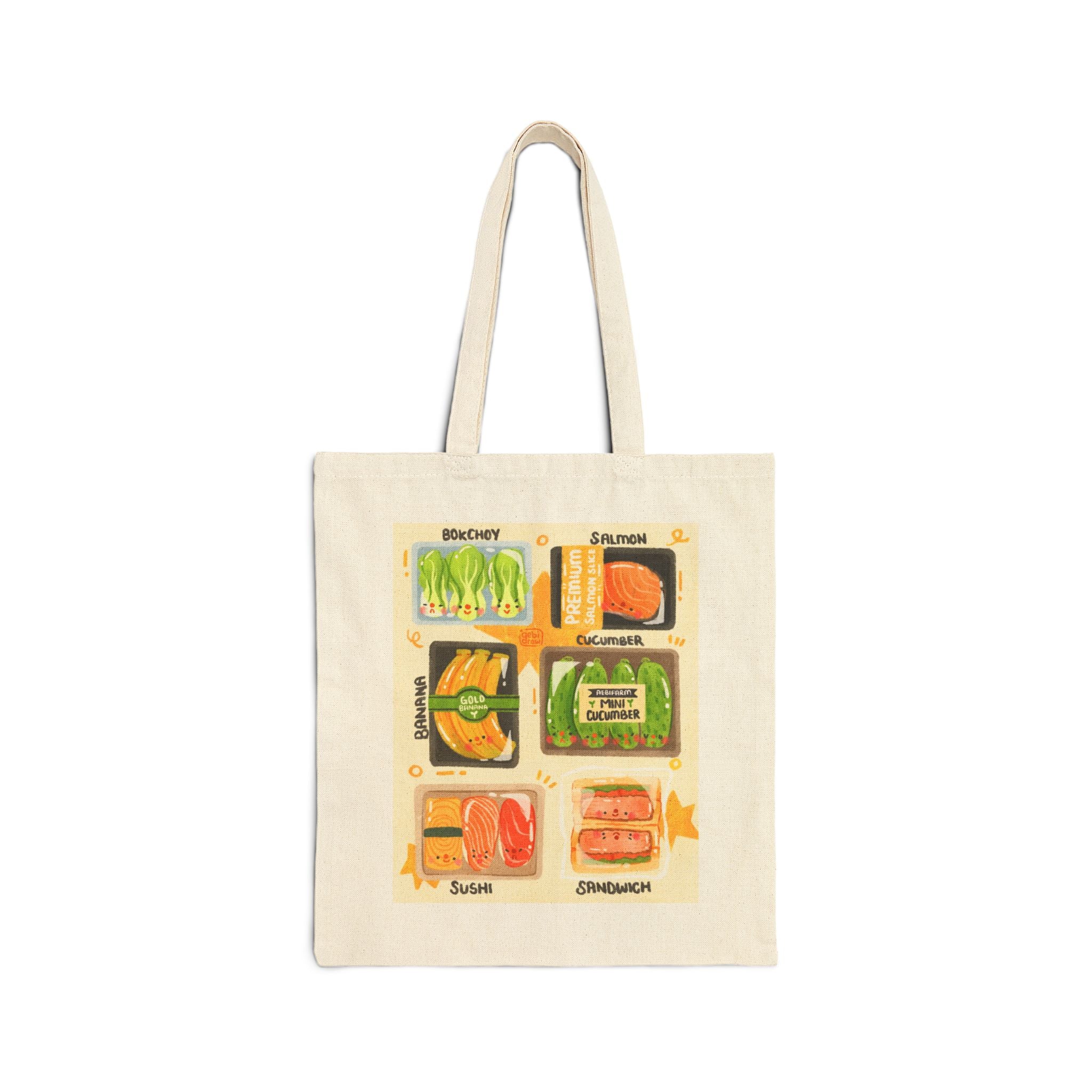 Colorful Food Art Cotton Canvas Tote Bag, Creme, Eco-friendly Grocery Bag, Kitchen Lover Gift, Cute Shopping Tote, Foodie Accessory