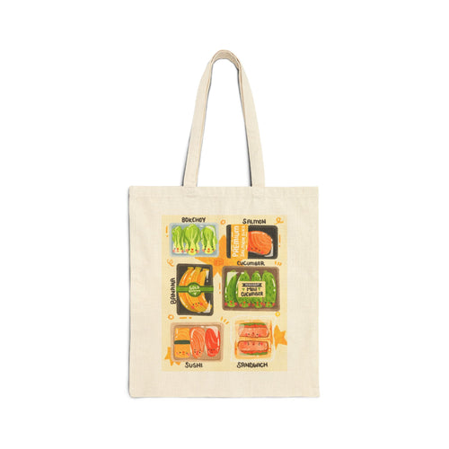 Colorful Food Art Cotton Canvas Tote Bag, Creme, Eco-friendly Grocery Bag, Kitchen Lover Gift, Cute Shopping Tote, Foodie Accessory