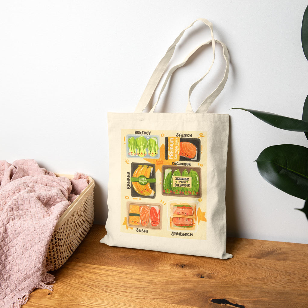 Colorful Food Art Cotton Canvas Tote Bag, Creme, Eco-friendly Grocery Bag, Kitchen Lover Gift, Cute Shopping Tote, Foodie Accessory