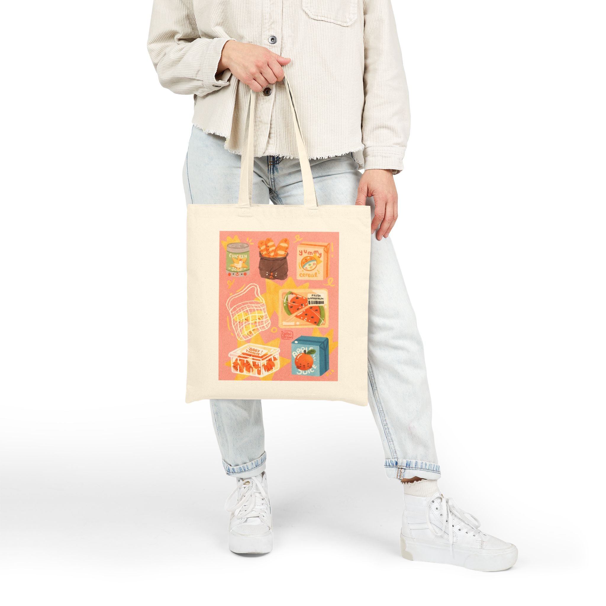 Colorful Vintage-Inspired Cotton Canvas Tote Bag, Pink, Eco-Friendly Grocery Tote, Shopping Bag, Reusable Bag, Gift for Food Lovers