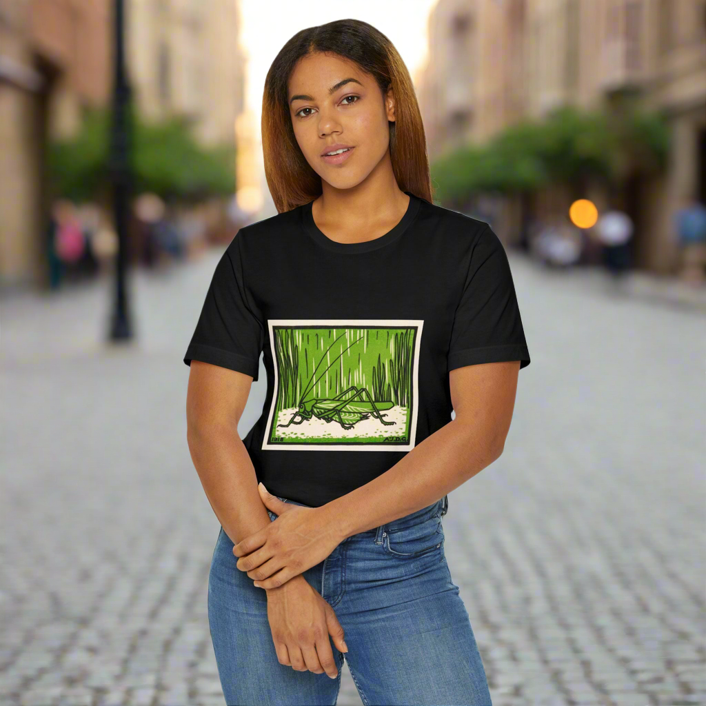 Grasshopper Graphic T-Shirt, Nature Lover Shirt, Insect Art Apparel, Julie de Graag Woodcut Design