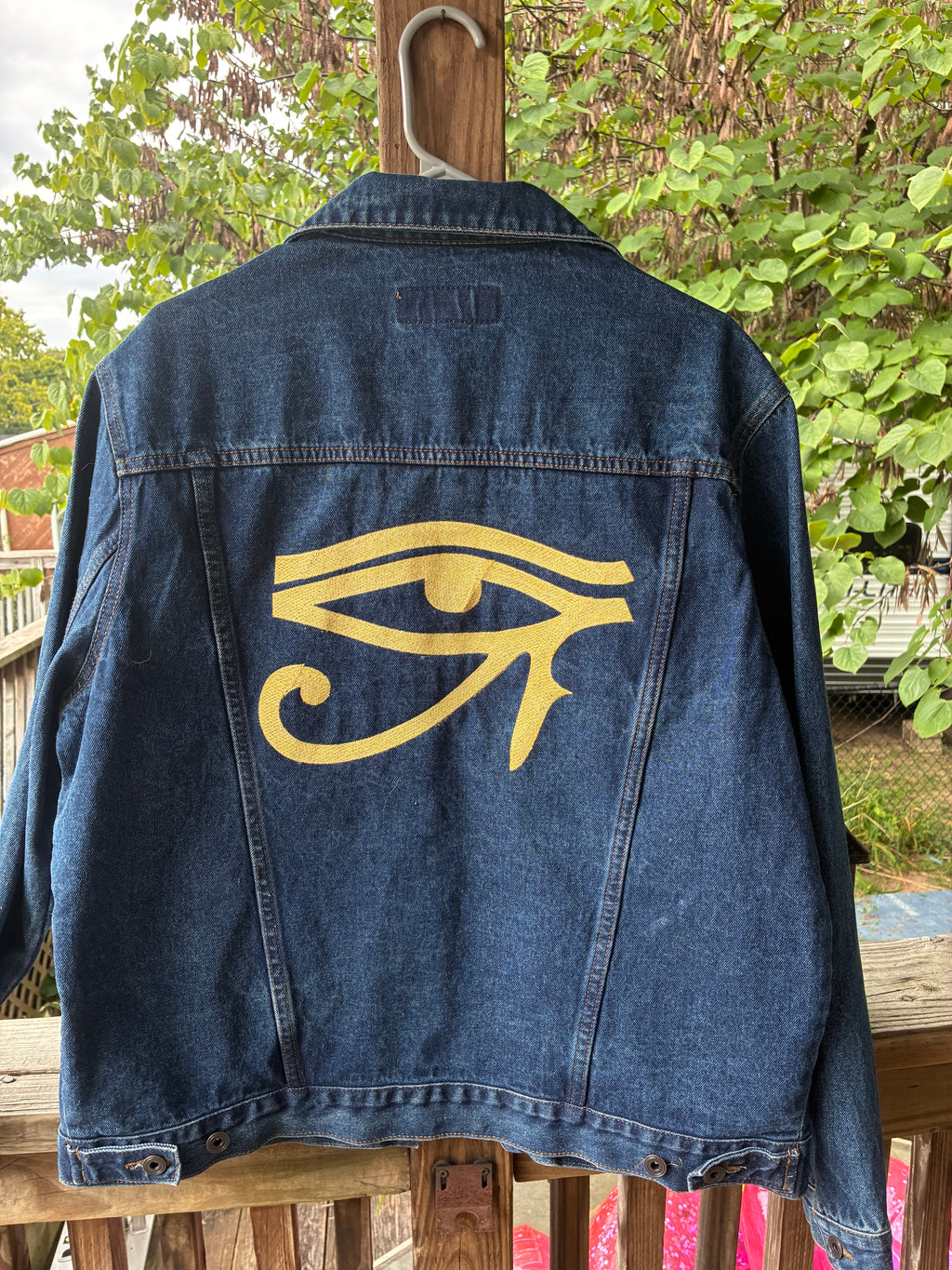Gold Embroidery Eye of Horus Denim Jacket Unisex Upcycled Size L
